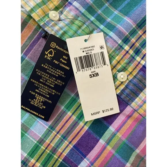 Polo Ralph Lauren Classic Fit Plaid Oxford Shirt Mens Sz 5XB NEW Blue Pink $125